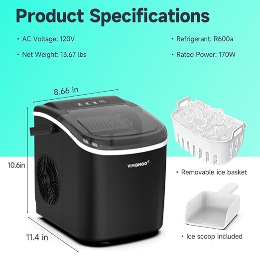 Countertop Ice Maker with Handle,26lbs/24H Bullet Ice Machine, 9 Ice Cubes Ready in 6 Mins,Self-Cleaning Sonic Ice Maker for Home/Office/Kitchen/RV/Party