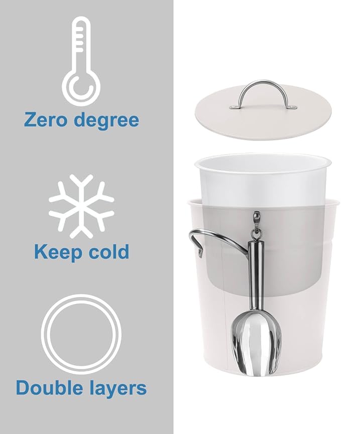3Qt White Galvanized Ice Bucket with Lid, Scoop & Handles - Ideal for Cocktails, Parties, BBQs, Wine & Champagne. Double-Layer Insulated Outer & Galvanized Inner Layer, Perfect for Home & Outdoor Use