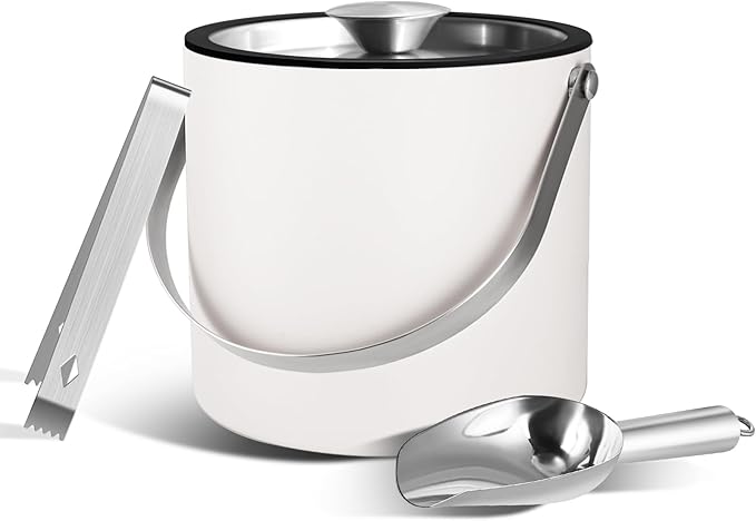 Bakpoco Insulated Ice Bucket with Silicone Lid, Scoop, Tongs & Strainer, 3L Stainless Steel Double Wall Ice Buckets for Parties & Cocktail Bar, Champagne Ice Bucket with Lid for Freezer, Ivory