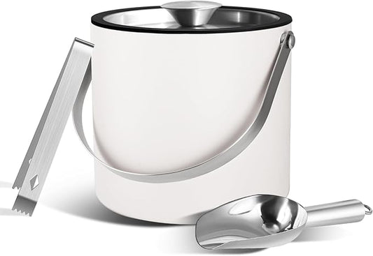 Bakpoco Insulated Ice Bucket with Silicone Lid, Scoop, Tongs & Strainer, 3L Stainless Steel Double Wall Ice Buckets for Parties & Cocktail Bar, Champagne Ice Bucket with Lid for Freezer, Ivory