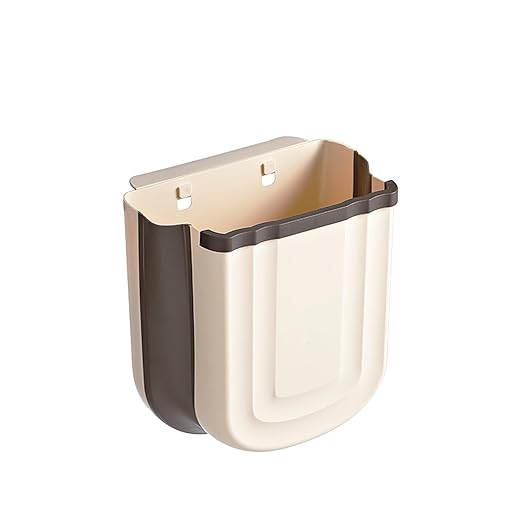 Hanging Trash Can, 9L Collapsible Plastic Waste Bin for Cabinet Door, Wall Mounted 2.4 Gallon Foldable Small Wastebasket for Kitchen, Bathroom, Bedroom (Khaki)