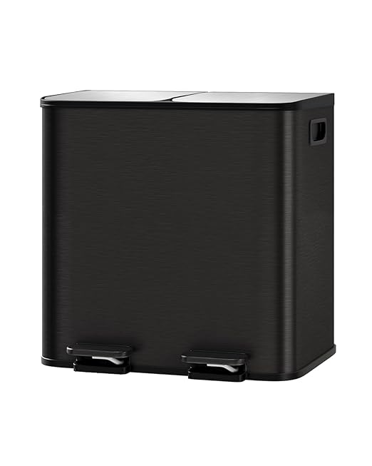 GarveeHome 2 x 4 gal Stainless Steel Double Trash Can with Lid for Kitchen, Large Dual Trash and Recycle Bin Combo, Step-on Kitchen Metal Garbage Cans, PP Inner Buckets, Liner Rim, Black