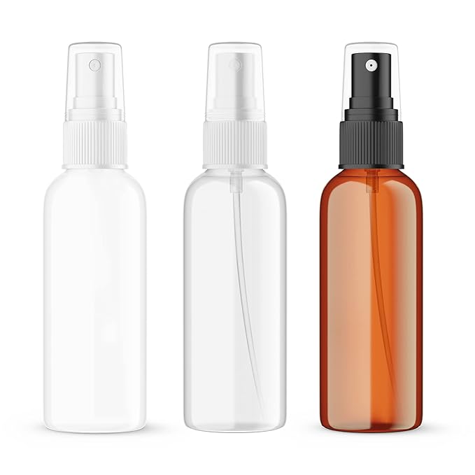 SEVENHEAD 100ml Plastic Essential Oil Spray Bottle 3.4OZ Three Color - Clear, White, Amber, Small Spray Bottle with Plastic Sprayer - Set of 3