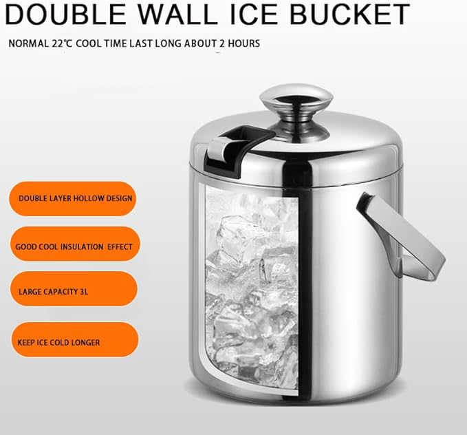 Ice Bucket with Lid for Parties - 3L Ice Bucket Double Wall Ice Bucket for Cocktail Bar Parties KTV,Stianless Steel Ice Bucket with Lid to Keep Ice Frozen Longer to Cool Chilling Wine Champagne