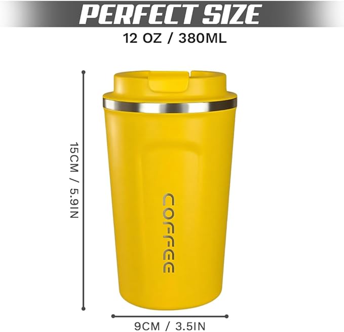 SPLMIFA Travel coffee mugs leak-proof, reusable coffee cup with lid, stainless steel vacuum insulated coffee tumblers, thermal insulation cups for men & women keep drinks hot & cold (2nd-Yellow, 12OZ)