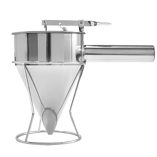 Stainless Steel Pancake Batter Dispenser, Funnel Dispenser with Stand, Kitchen Must Have Tool for Perfect Pancakes, Cupcake, Waffle, Muffin Mix, Cake & Crepe, Easy Pour Baking Supplies for Griddle