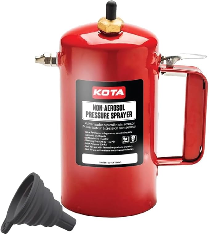 LAUCO Non Aerosol Pressure Sprayer with Funnel and Extension, Refillable Pressurized Sprayer Bottle for Oil, Solvent, Degreasers, Lubricants - Rechargeable Steel Canister and Brass Nozzles, 32oz