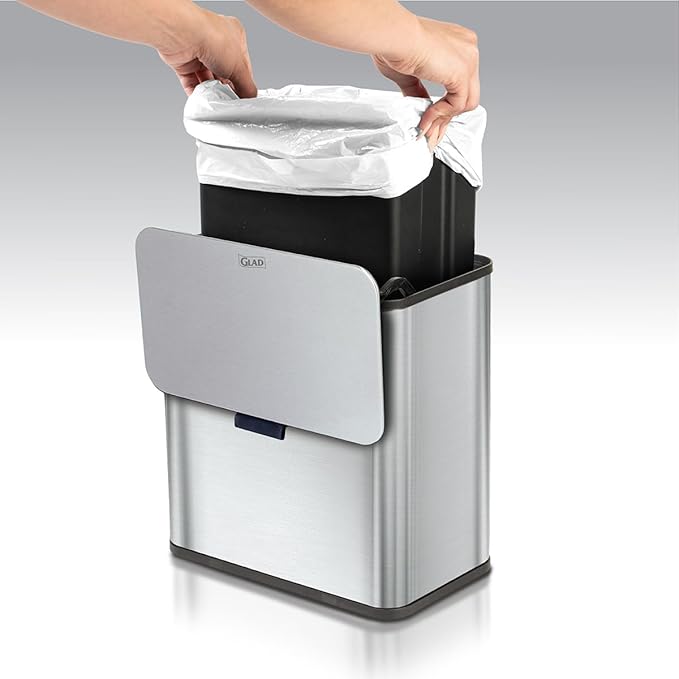 Glad Roomate Under Counter Trash Can - Space Saving Stainless Steel Waste Bin with Dual Lid and Clorox Protection - Small Trash Can for Kitchen Cabinet, Under Sink, or Bathroom, 1.5 Gallon (6L)