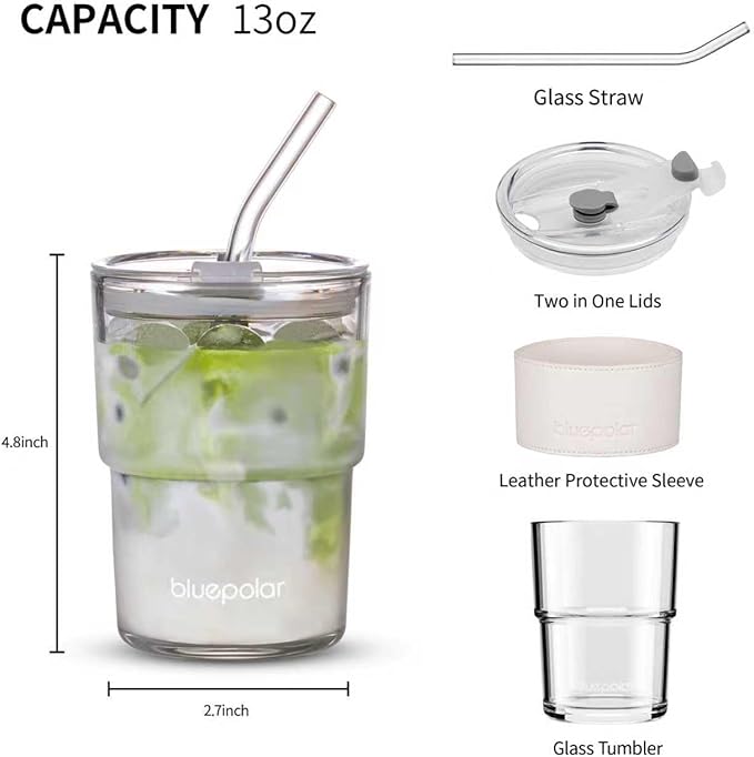 BLUEPOLAR 13oz/400ml Glass Water Tumbler with Straw and Lid Sealed Carry on Thick Wall Iced Coffee Cup for Water, Iced Tea, Fruit Juice (White with Protective Sleeve)