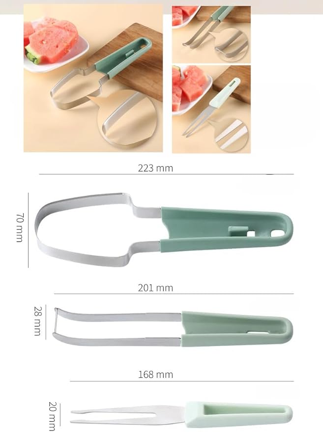3-in-1 Watermelon Cutter, Slicer and Fork Tool Set, Papaya Dragonfruit Cantaloupe Melon Mango, Popsicle Mold, Green