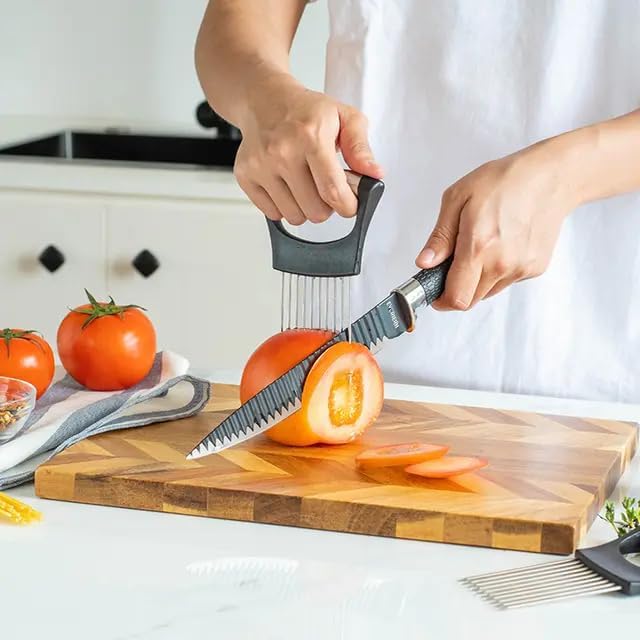 Stainless Steel Onion Holder Slicer.Meat slicer food slice Assistant onion holder. Kitchen Gadgets. Vegetables Holder cutting., madiam, Silver