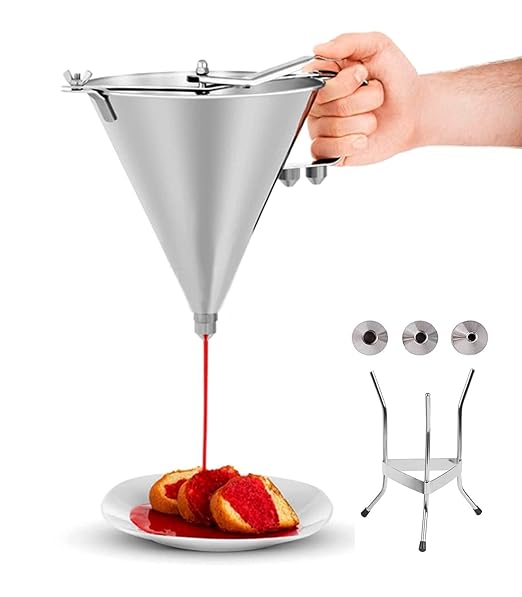 MYOYAY Commercial Stainless Steel Confectionery Funnel Dispenser, 1.8L Pancake Batter Dispenser with Stand and 3 Nozzles (1/4", 1/5", 1/6"), Great for Pancakes Chocolate Sauces Batter Pastry Work
