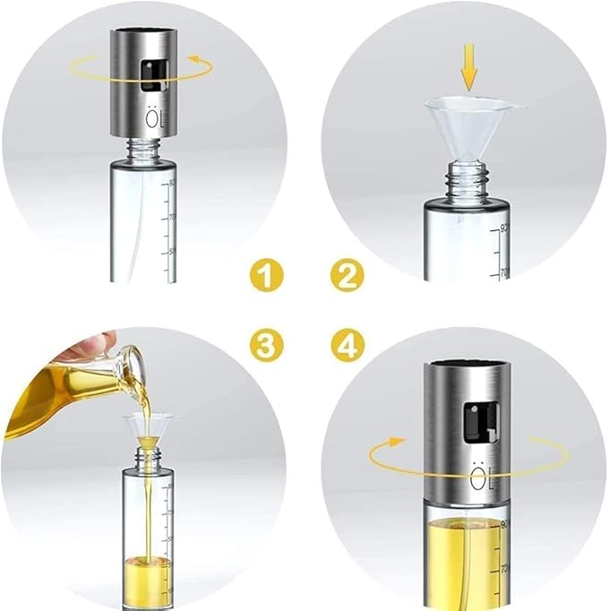 Oil Sprayer for Cooking, 100ml Food-Grade 304 Stainless Steel & BPA-Free Glass, Leakproof Oil Mister with Silicone Basting Brush, Funnel & Cleaning Brush, Suitable for Air Fryer, BBQ, Baking, Salad