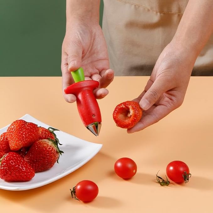 Strawberry Huller Fruit Slicer Set, Red/Green（2packs) Sold by Air mingo