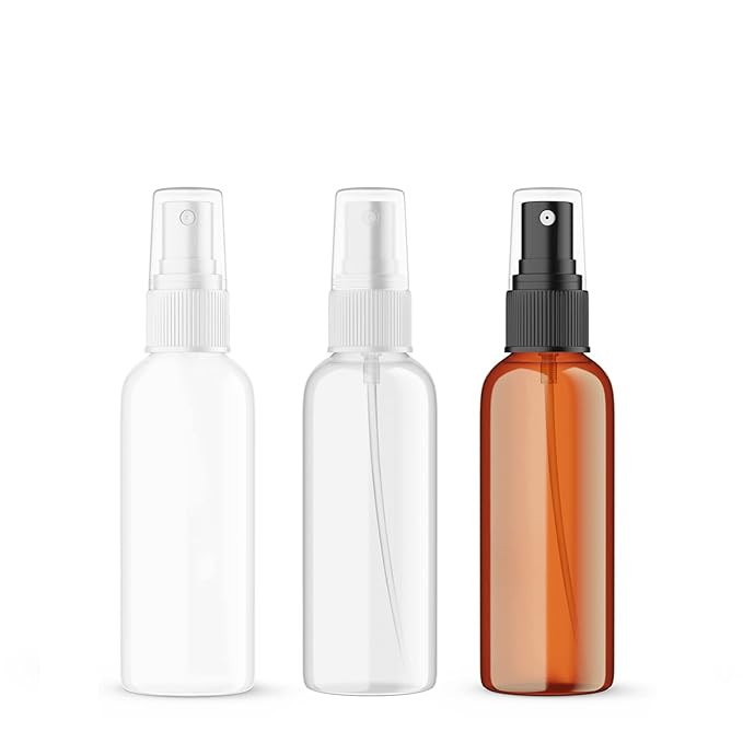 SEVENHEAD 50ml Plastic Essential Oil Spray Bottle 1.7OZ Three Color - Clear, White, Amber, Small Spray Bottle with Plastic Sprayer - Set of 3
