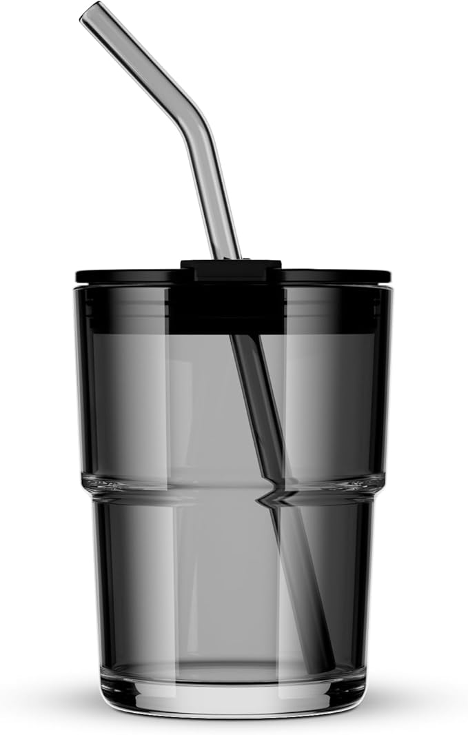 BLUEPOLAR 13oz/400ml Tumbler Water Glass, Water Bottle with Straw and Lid Sealed Carry on, Glass Coffee Mug Iced Tea Cup Thick Wall Insulated Glass Cup (Gray)