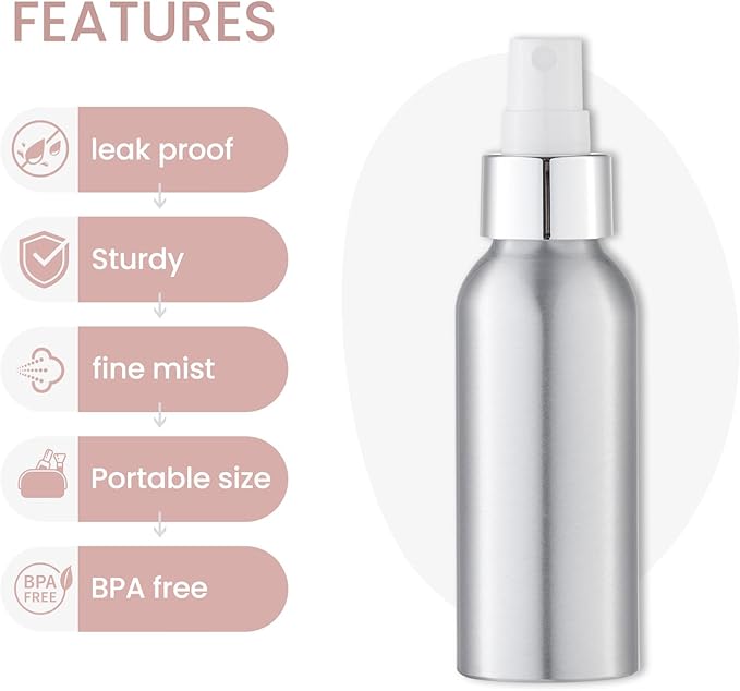 LISAPACK Small Spray Bottle for Travel - 3.4 oz Fine Mist Aluminium Empty Sprayer for Perfume - Mini Size Atomizer for Essential Oil - Face Mister for Liquid Cosmetic TSA Approved 3 Pack