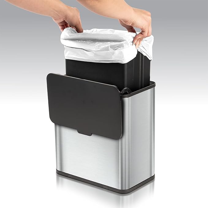 Glad Roomate Stainless Steel Under Counter Waste Bin with Clorox Odor Protection | Space Saving Dual Lid Small Trash Can for Kitchen Cabinet, Bathroom or Office, 1.5 Gallon (6L)