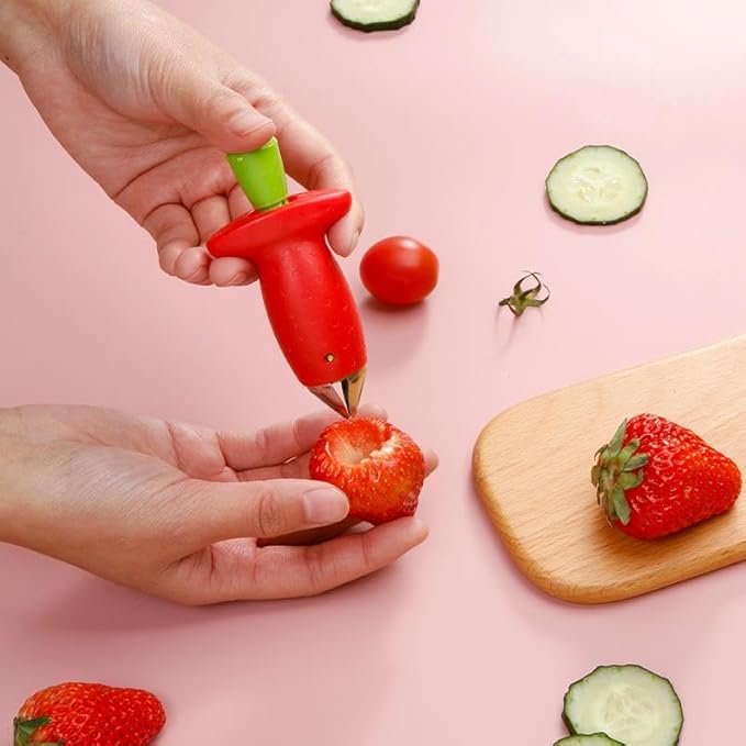 Strawberry Huller Fruit Slicer Set, Red/Green（2packs) Sold by Air mingo