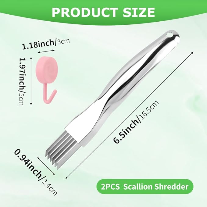 2pcs Onion Knife,Stainless Steel Scallion Cutter Shredder Manual Green Onion Slicer Tool with 2pcs Brushes Multifunctional Home Kitchen Slicing Tool Gadgets