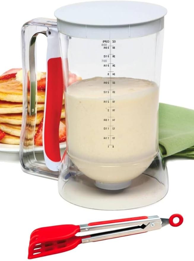 Waffles Batter Dispenser n Waffle Tongs Combo Set,Get Perfectly Fluffy Waffles Every Time! Batter Measuring Separator for Pancakes, Cupcake, Muffin Quick Filling Cookie Batter