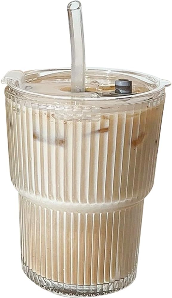 TINMIX 13.5OZ Small Glass Cups with Lids and Straws Mason Jar Low Drinking Glasses Ripple Glassware Iced Coffee Tumbler Smoothie Cup for Beer, Cocktail (1)