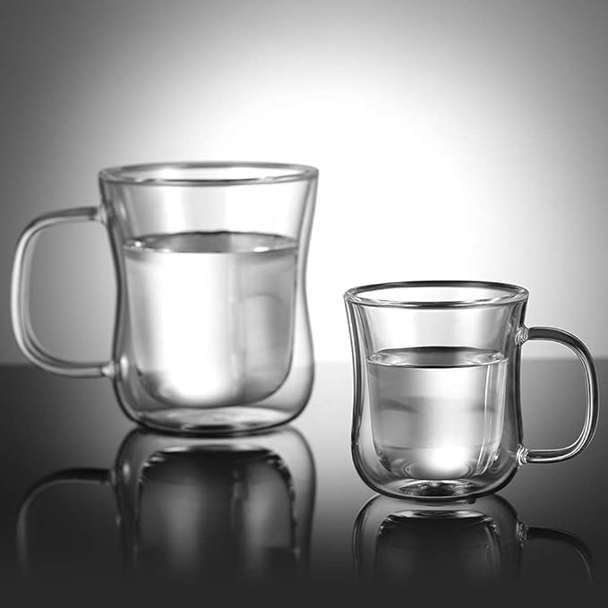 ecooe Espresso Cups 4 Oz Double Walled Glasses Coffee Mugs Set of 2, Clear Glass Coffee Cups with Handle, 120 ml (full capacity) Coffee Mug Borosilicate Double Wall Glass Espresso Coffee Cups