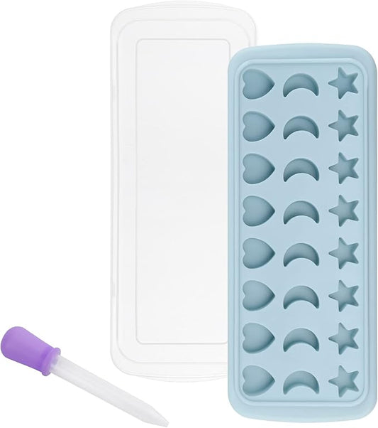 Moon Stars and Heart Ice Cube Tray Silicone Molds with Liquid Dropper，Easy Release Ice Trays with Lid, 24 Cavity Heart Mold for Ice Cubes, Gelatine, Chocolate, Baking and Candy