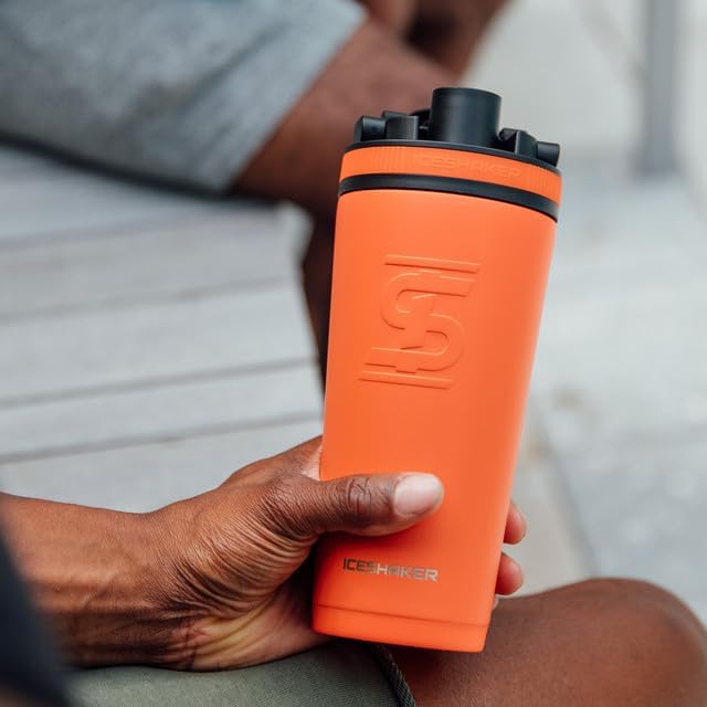 Ice Shaker Insulated Stainless Steel Shaker Bottle | 26oz, Orange | Cold for 30+ Hours | Insulated Cup with Twist-on Agitator | Odor-Free Bottle for Protein Shakes, Water, Smoothies, Cocktails