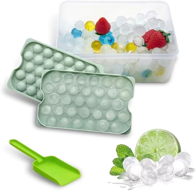 Ice Cube Tray with Lid, Bin, and Shovel, Reusable 3 Pack Sphere Mold For Cocktails, Coffee, Ice Cream