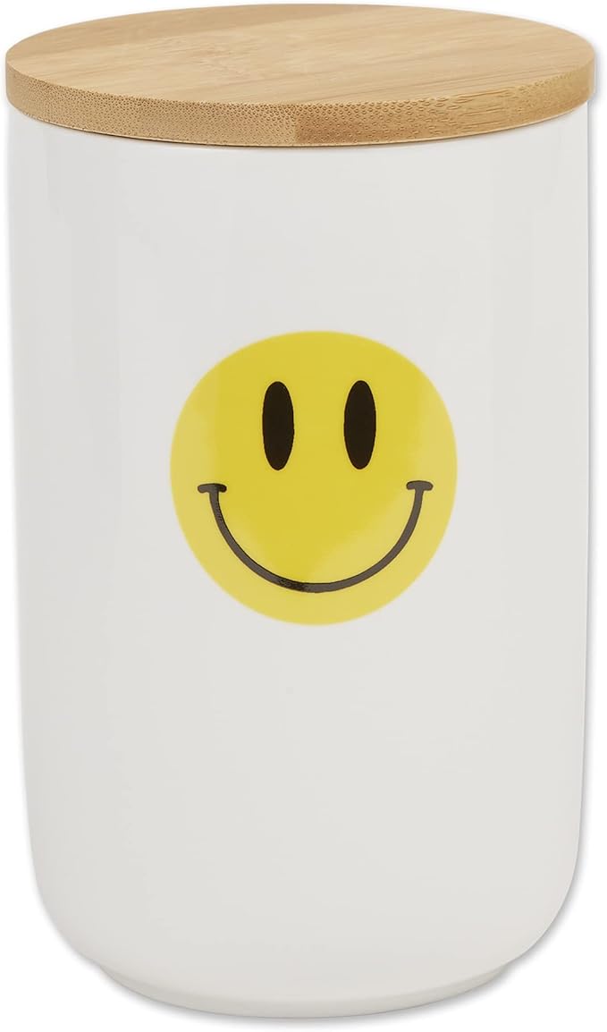 Bone Dry Ceramic Pet Treat Canister with Bamboo Lid, Dishwasher Safe, Countertop Storage, Keep Dog & Cat Treats Safe & Dry, 4x6.5", Smiley Face