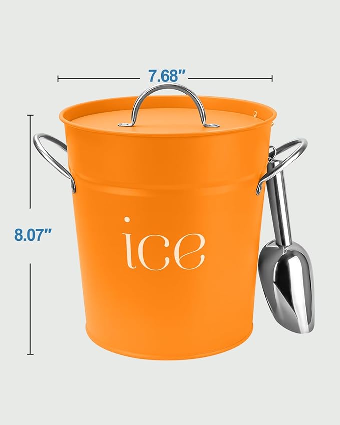 3Qt Orange Galvanized Ice Bucket with Lid, Scoop & Handles - Ideal for Cocktails, Parties, BBQs, Wine & Champagne. Double-Layer Insulated Outer & Galvanized Inner Layer, Perfect for Home & Outdoor Use