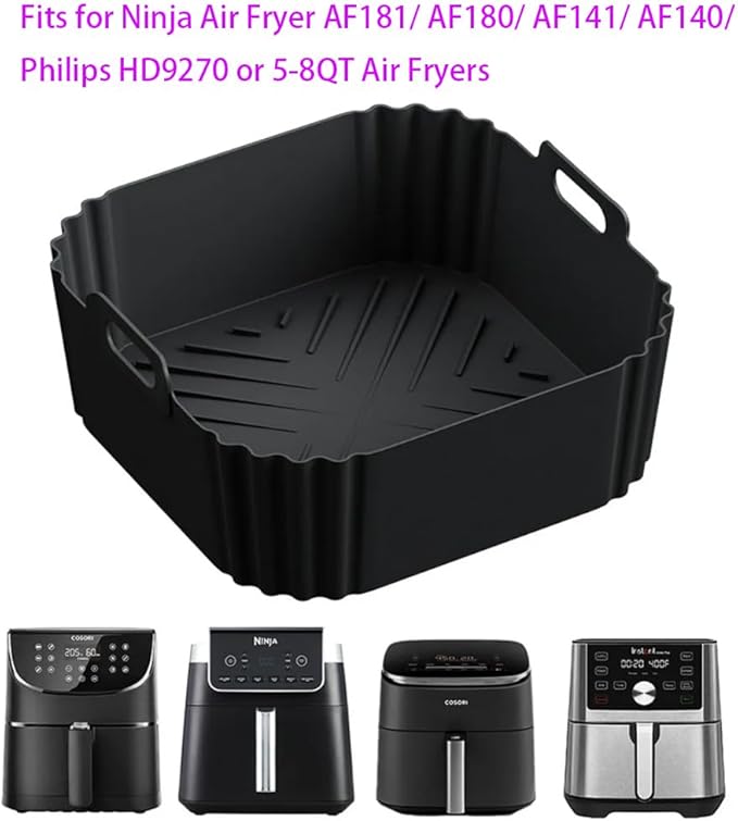 AF140 UK Silicone Air Fryer Liners for Ninja Air Fryer AF180 AF181, for COSORI 5.5 6L, 2pcs Reusable Airfryer AF141 UK Silicone Trays for Philips HD9270, 9 Inch Square Non-Stick Air Fryer Acc
