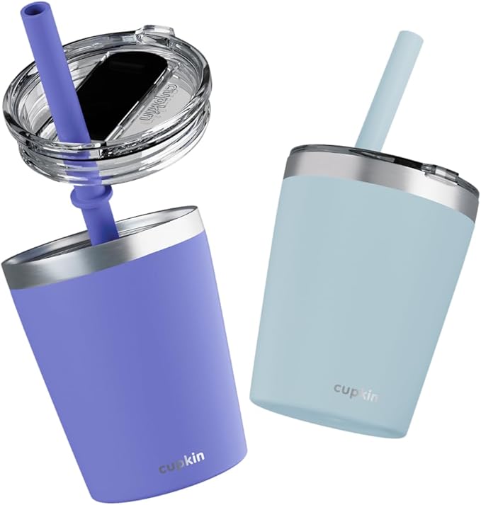 CUPKIN Baby Sippy Cups for Toddlers, The Original 8 oz Stackable Stainless Steel Baby Cup, Set of 2 Powder Coated Insulated Sippy Cup & BPA Free Lids + Reusable Silicone Straws (Aqua + Periwinkle)