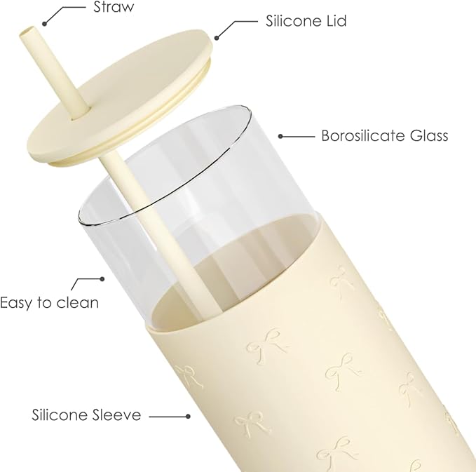 SANDJEST Glass Tumbler with Straw and Lid, Glass Water Bottle with Silicone Sleeve 20oz, Smoothie, Iced Coffee Cup, Bow Gifts for Women Teen Girls Birthday Christmas