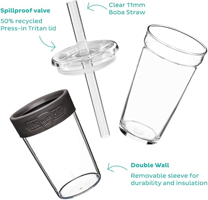 KeepCup Cold Cup - Longplay Double wall Glass Ice Coffee Tumbler with Lid and Straw - 16oz (454ml) - Black