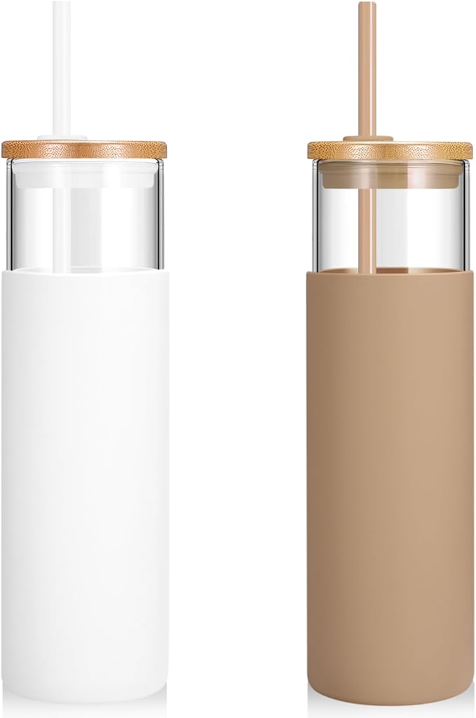 Tronco 28 oz Glass Tumbler with Lids and Straw, Reusable Iced Coffee Cup & Smoothie Cup with Bamboo Lid, Silicone Sleeve, Dishwasher Safe, BPA-Free Borosilicate Glass, 2 Pack