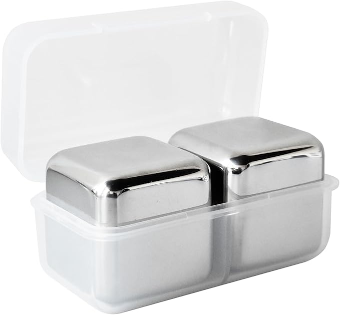 Outset Stainless Steel Ice Cubes, Set of 2 Reusable Metal Whiskey Stones with Store Box, 1.57"