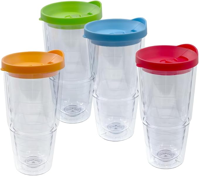 Lily's Home 20 oz 4 pack Insulated Tumbler Cups with Lids, Double Wall Clear Acrylic Plastic tumbler. Perfect for Iced Coffee, Hot Drinks, Water - Freezer & Top Rack Dishwasher Safe. BPA Free.