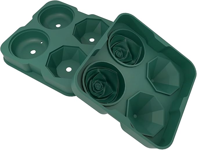 Ice Cube Tray, HANCELANT 2.5inch Ice Cube Molds, 2 Cavity Silicone Rose & 2 Diamond Ice Ball Maker, Easy Release Large Ice Cube Form for Chilling Cocktails, Whiskey, Bourbon & Homemade Juice (Green)