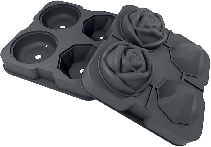 Ice Cube Tray, HANCELANT 2.5inch Ice Cube Molds, 2 Cavity Silicone Rose & 2 Diamond Ice Ball Maker, Easy Release Large Ice Cube Form for Chilling Cocktails, Whiskey, Bourbon & Homemade Juice (Gray)