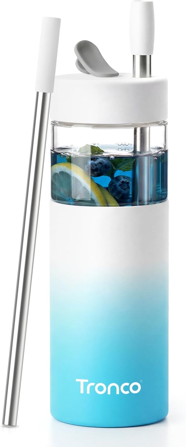 Tronco 24 oz Glass Tumbler with Lid & Straw, Iced Coffee Cup - Smoothie Cup with Silicone Lid for Boba Tea, Home, Office, Travel & Gifts, Borosilicate Glass Cups, BPA-Free, Leak-Proof, Dishwasher Safe