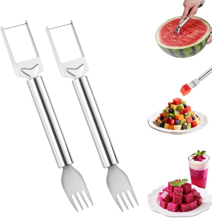 2-in-1 Stainless Steel Fruit Cutter, Watermelon Slicer with Fork, Dual Head Watermelon Fork Slicer Tool for Cubes, Fruit Knife with Round Handle for Home Kitchen, Picnic & Party (2Pack)