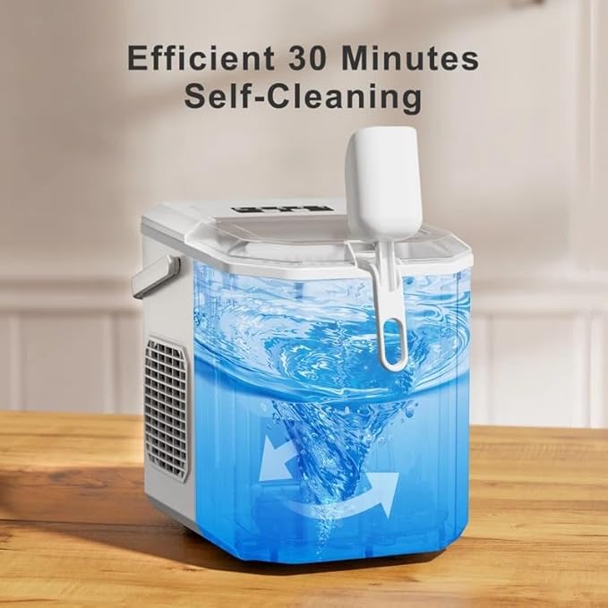 Ice Maker Countertop, Portable Ice Machine with Carry Handle, Self-Cleaning Ice Makers with Basket and Scoop, 9 Cubes in 6 Mins, 26 lbs per Day, Ideal for Home, Kitchen, Camping, RV, White