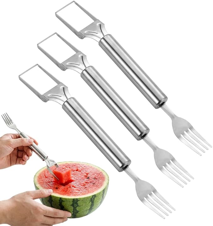 2 in 1 Stainless Steel Fruit Cutter, 2026 New Upgrade Dual Head Fruit Slicer and Fork, Hand Crank Watermelon Cutter for Pineapple Melon, Easy Clean Kitchen Gadget (3PCS)
