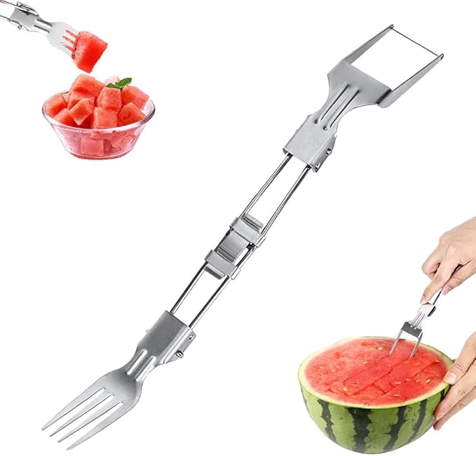 2-in-1 Stainless Steel Fruit Cutter, Watermelon Fork Slicer Cutter, Portable Watermelon Cutter Tool with Dual Head Design for Home Party Camping Kitchen (1)