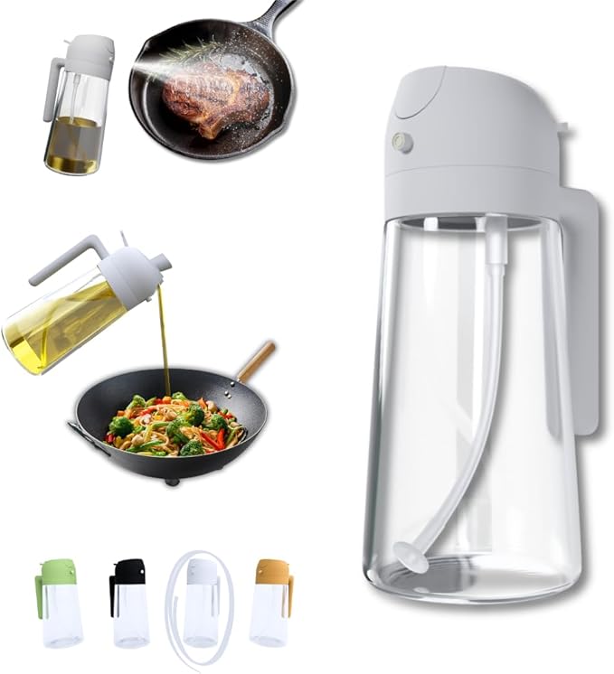 2-in-1 Oil Dispenser and Sprayer, 16oz/470ml Glass Olive Oil Spray Bottle for Cooking, Leakproof and Refillable Oil Mister for BBQ, Salad, and Baking (White)