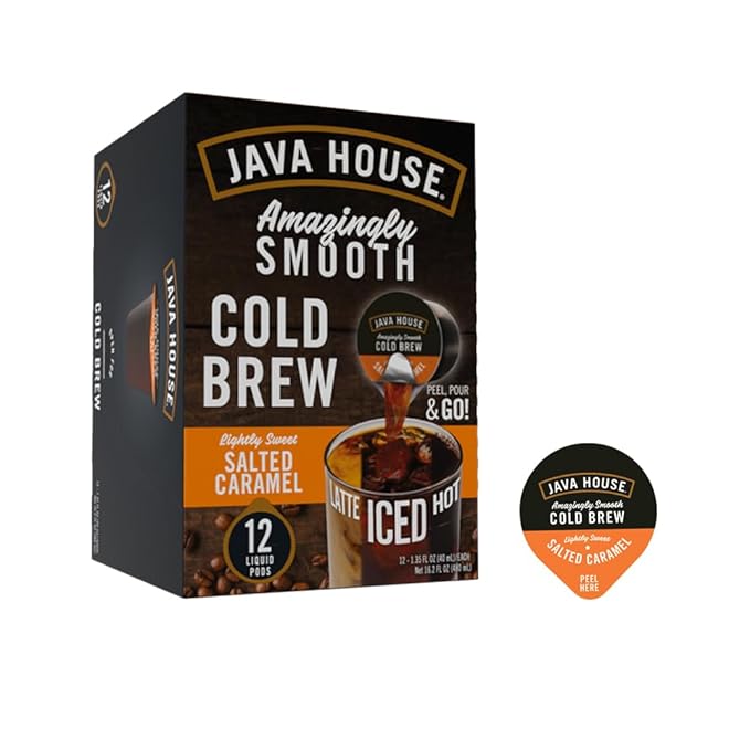Java House Cold Brew Coffee Concentrate Single Serve Liquid Pods, Peel and Pour, 1 Count (Pack of 12), Salted Caramel Lightly Sweet