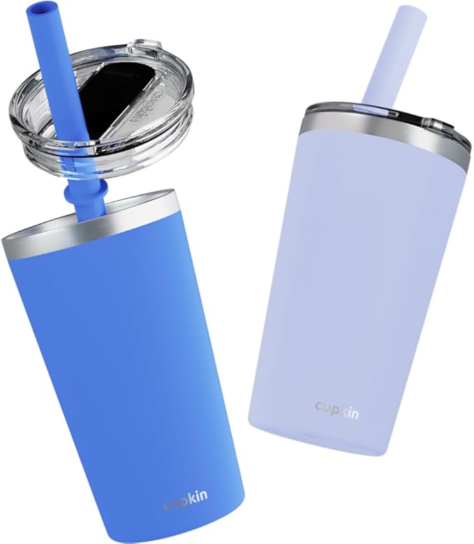 CUPKIN Toddler Tumblers, The Original 12 oz Stackable Stainless Steel Cups, Set of 2 Powder Coated Insulated Kids Water Bottle Alternative & BPA Free Lids + Reusable Silicone Straws (Blue + Gray)