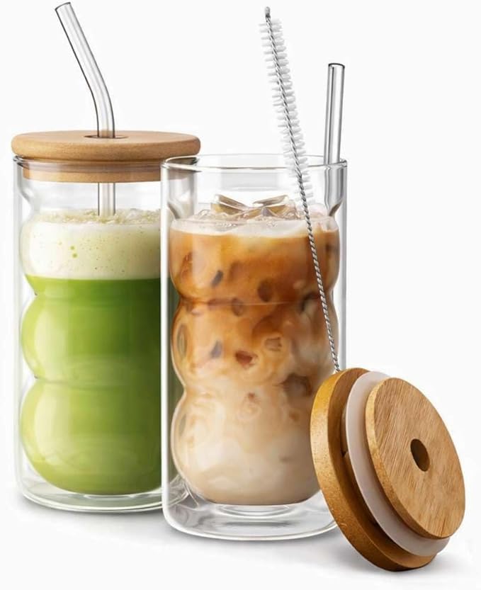 HAPPY PATH & CO. 2 Double Wall Glass Cups with Lids and Straws 16oz (480ml) - Glasses Drinking Set | Glass Tumbler with Bamboo Lid | Ribbed Bubble Glass Cups for Matcha, Coffee and Other Smoothies